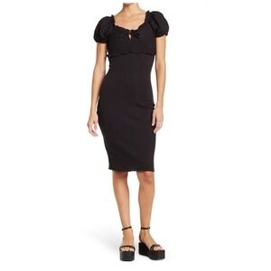 Betsy Johnson Black Midi Poly, Rayon, Elastane Dress W/ Eyelet Puff Sleeves. M